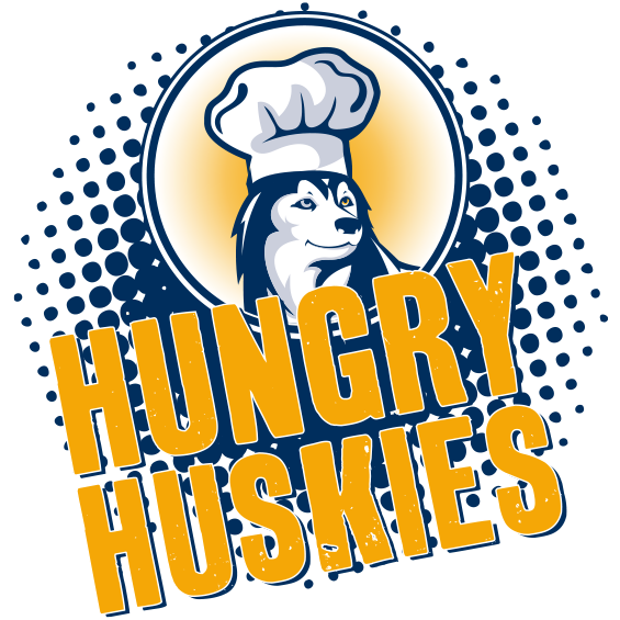 The Hungry Huskies food truck graphic. University champ is isolated in a circle, wearing a chef’s hat.