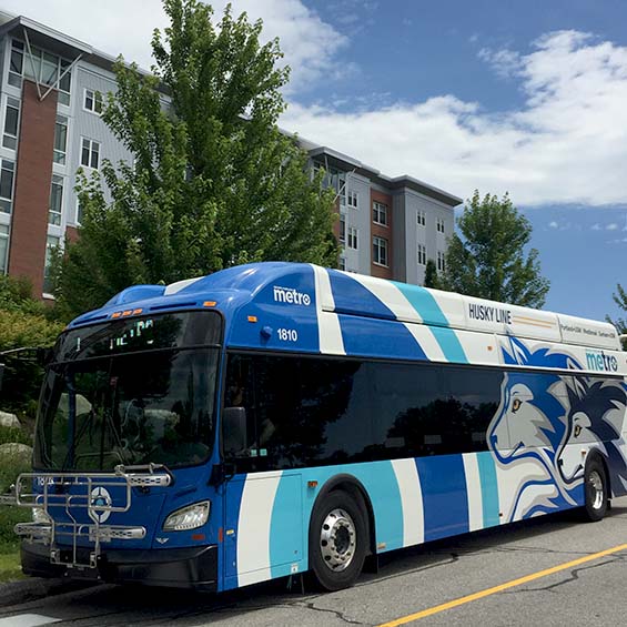One of the METRO Husky Line buses parked outside Upper Class Hall on our Gorham campus.