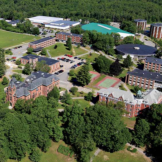 An aerial view of our Gorham campus featuring Corthell Hall, several residence halls, Brooks Student Center, Costello Sports Complex, the Ice Arena, and the John Mitchell Center.