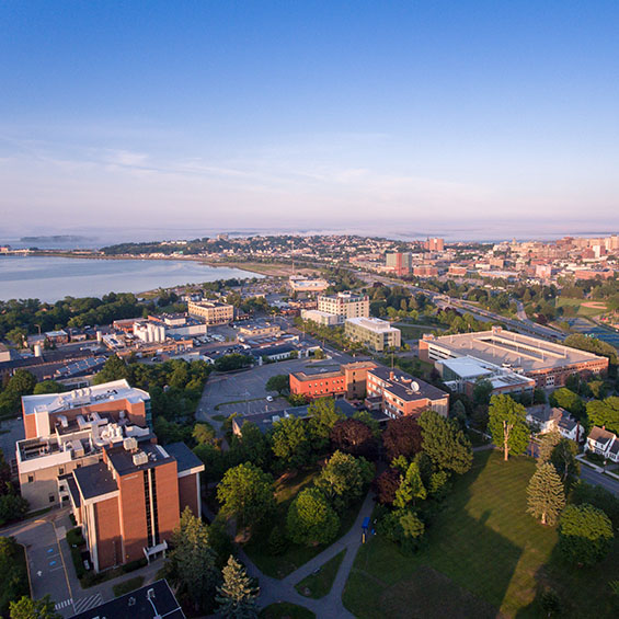 An aerial view of our Portland campus, Back Cove, the Eastern Prom, Bayside, and some of the Old Port.