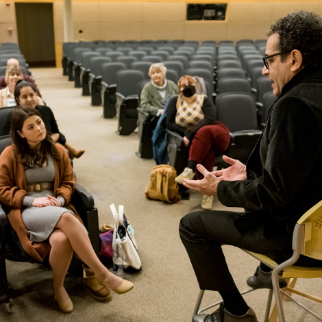 Tony Shalhoub '77 talks shop with theatre students in Hannaford Hall on our Portland campus.