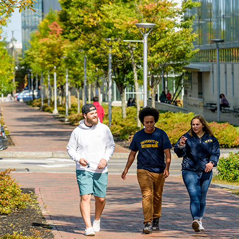 Three students walk down a brick sidewalk on a spring day.