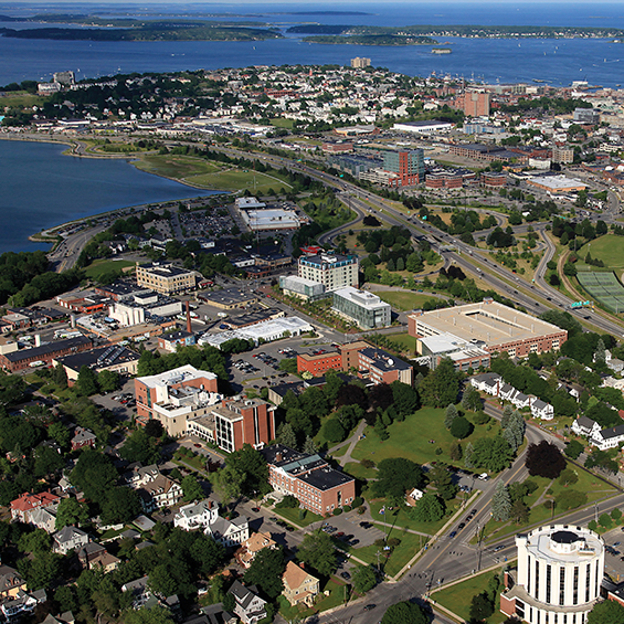 An aerial view of our Portland campus and the East End of the Portland peninsula.
