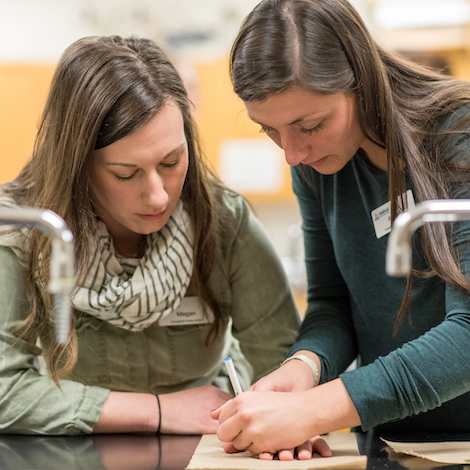 Two students work together in an occupational therapy exercise.