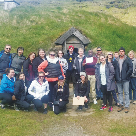 A group of USM students pose together at an Icelandic cultural and natural site.