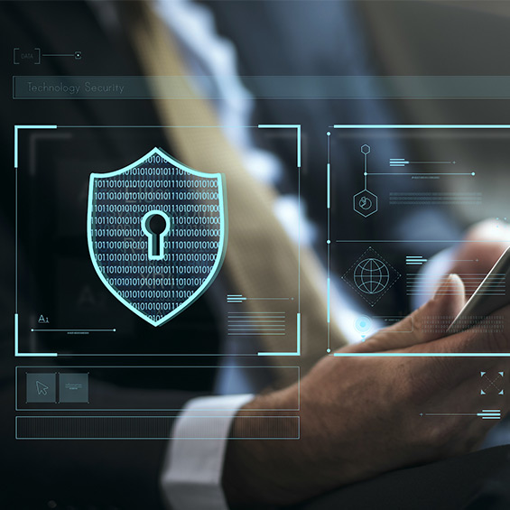 A security graphic is superimposed over ain image of someone in a business suit.