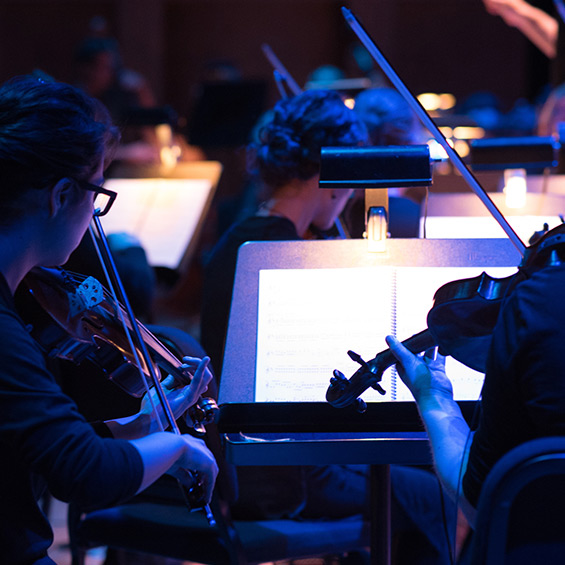 Violinists perform in a symphony, with small lights shining on their music stands.