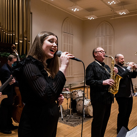 The Faculty Jazz Ensemble performs in Corthell Hall.