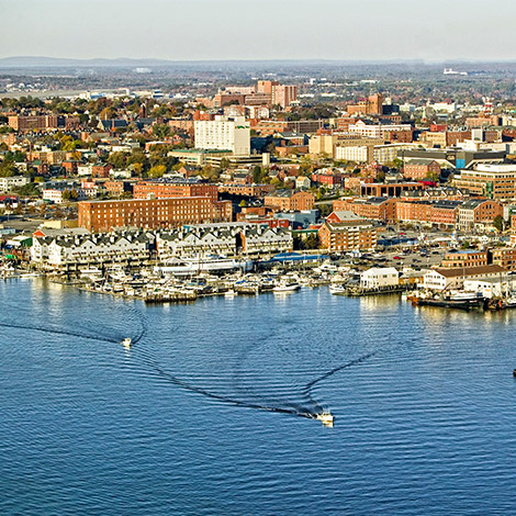 An aerial view of Casco Bay and Portland's working waterfront.