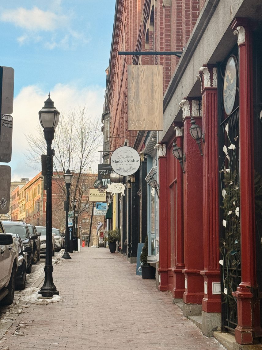 Cobblestone streets and historic brick storefronts in Portland's Old Port neighborhood in winter