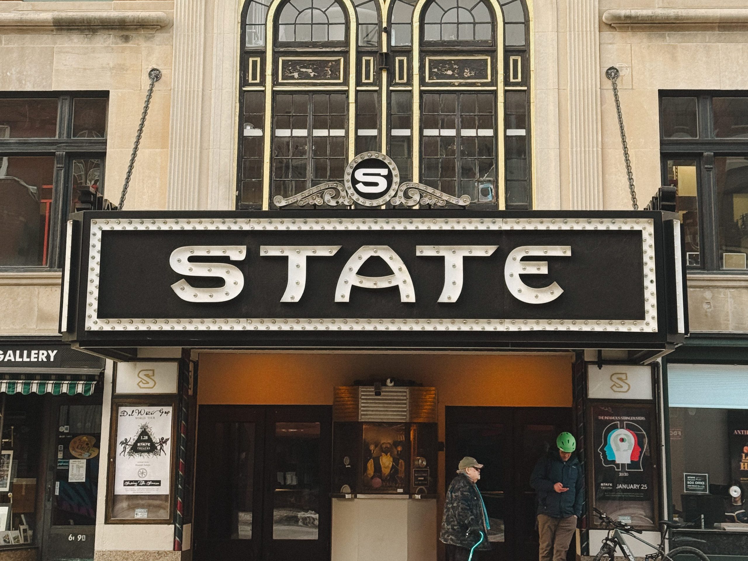 Historic exterior and marquee sign of the State Theatre on Congress Street in Portland, Maine