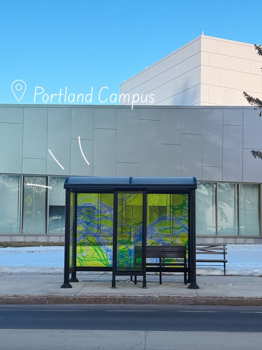 Exterior of USM's Portland Campus shows an enclosed bus stop outside the Crewe Center for the Arts. Animated lines span out from the top of the bus stop, and the words "Portland Campus" are written next to an animated location pin point.