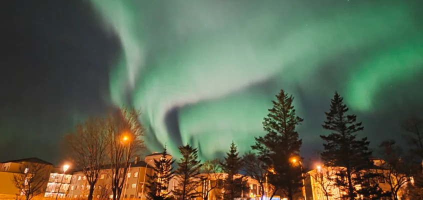 Northern lights (aurora borealis) glowing above Reykjavik, Iceland, photographed by USM Fulbright scholar Emma