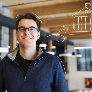 Illustrated headshot of USM junior Ted Campbell, accented with white line graphics and a decorative arrow gesturing toward a state building graphic.