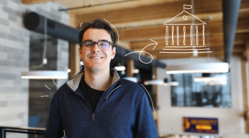 Illustrated headshot of USM junior Ted Campbell, accented with white line graphics and a decorative arrow gesturing toward a state building graphic.