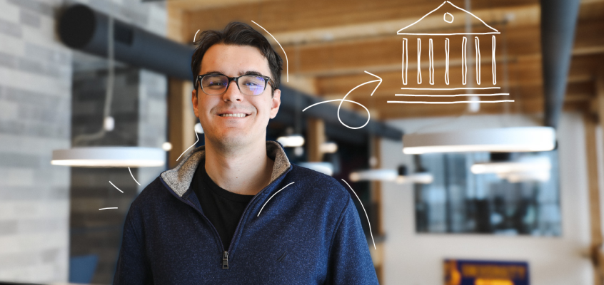 Illustrated headshot of USM junior Ted Campbell, accented with white line graphics and a decorative arrow gesturing toward a state building graphic.