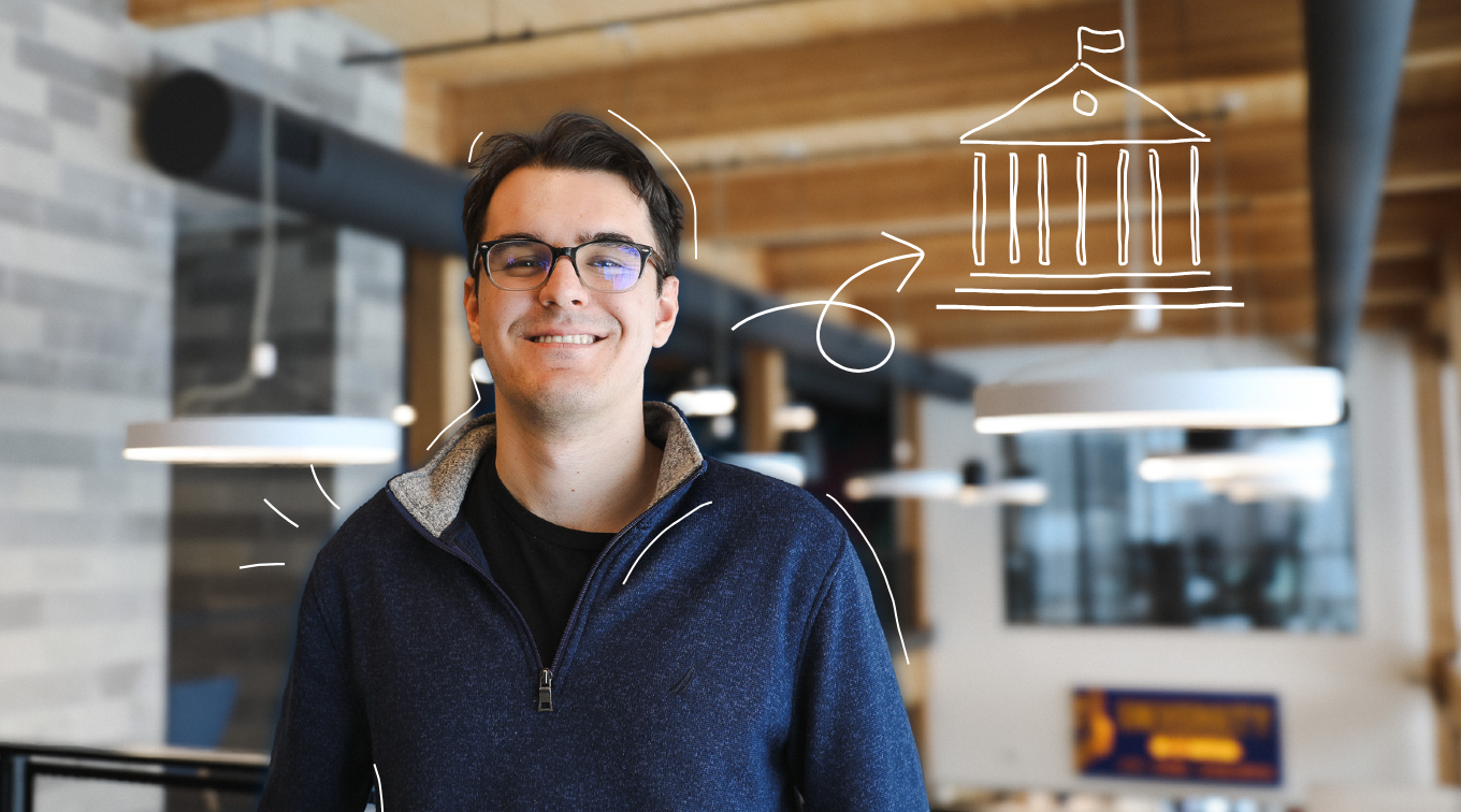 Illustrated headshot of USM junior Ted Campbell, accented with white line graphics and a decorative arrow gesturing toward a state building graphic.