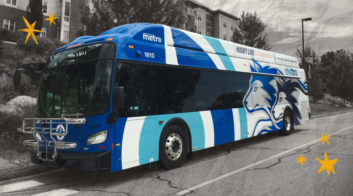 The University of Southern Maine's Husky Line bus stops on the street to pick up students. The background around the bus is black and white, and there are hand drawn yellow stars on either side of the bus.