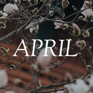 Close-up of delicate pink flower buds emerging on tree branches against a soft spring sky, with bold "April" text overlaid in white.