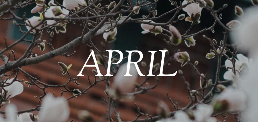 Close-up of delicate pink flower buds emerging on tree branches against a soft spring sky, with bold "April" text overlaid in white.