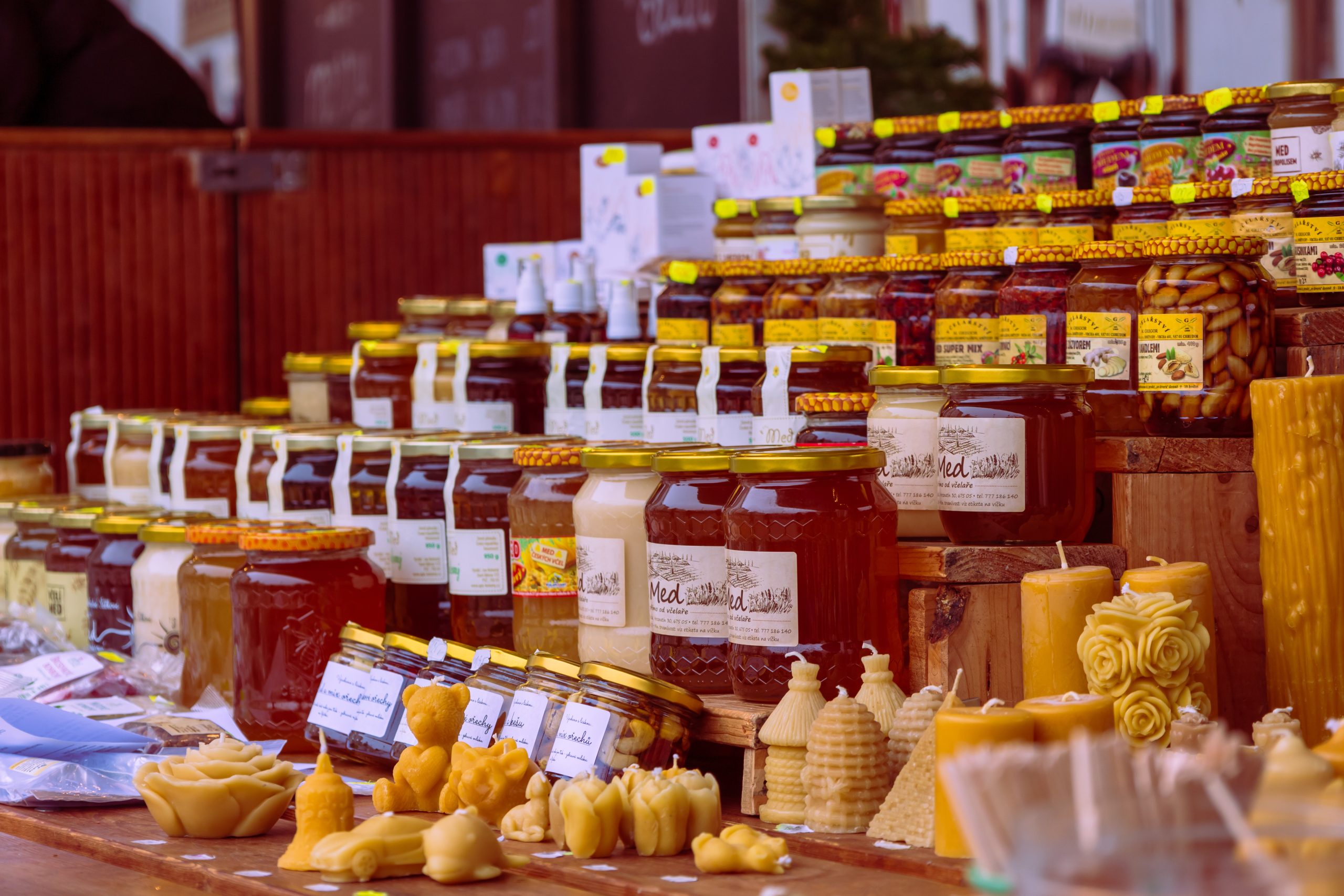 Assorted jars arranged on a vendor table