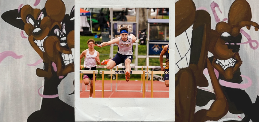 A Polaroid photo frames Maddox Cahill mid-jump as he clears a hurdle during a track meet, it overlays his painting titled “Forever.”