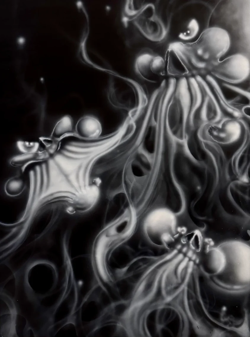 Black-and-white airbrushed painting titled Gossamer by Maddox Cahill, featuring cartoon-like figures and swirling, smoke-like designs.