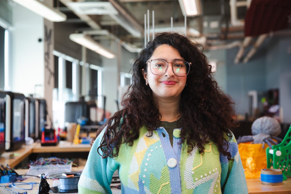 Prashiddhi Pokhrel, a graduate student and MIST Lab student employee, in the Maker Innovation Studio at USM.