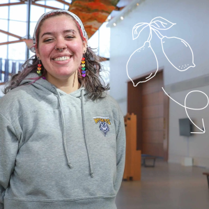 A USM student smiles in a campus common area wearing a Huskies hoodie, with an illustrated lemon and iced lemondade graphic overlaid on the image.