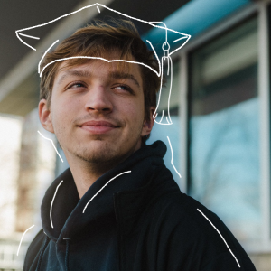 A portrait of USM senior Deklin Fitzgerald with illustrated graduation cap and tassel, part of the Class of '26 commencement series.