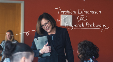 USM President Jacqueline Edmondson smiles, with the text "President Edmondson on Polymath Pathways" overlaid on the image.