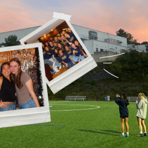 A collage of polaroid-style photos layered over the USM Gorham soccer field at sunset, featuring USM women's soccer players photographing the sunset on the field, posing together in a group photo, and smiling at an event with a metallic backdrop.