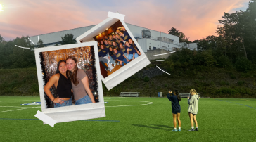 A collage of polaroid-style photos layered over the USM Gorham soccer field at sunset, featuring USM women's soccer players photographing the sunset on the field, posing together in a group photo, and smiling at an event with a metallic backdrop.