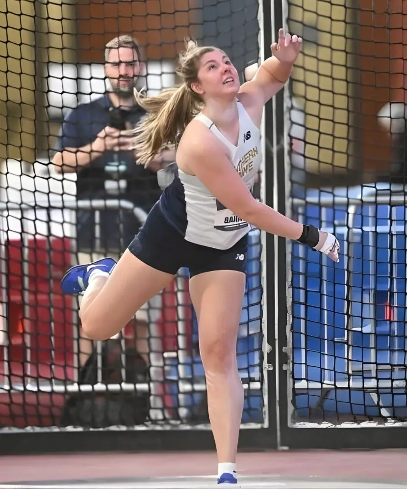 Zoe Barnes in her final heat at NCAA DIII Championships for shot put.