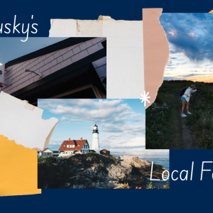 Thumbnail graphic with a blue background and colorful paper scrap overlays featuring three photos: a student photographing the ocean at the beach, the exterior sign for Portland Lobster Co., and Portland Head Light with the ocean in the background. Text reads "One Husky's Local Favorites" with white paw prints in the corner.
