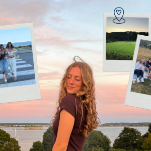 Bridgette smiling on the Eastern Promenade at sunset, overlaid with polaroid-style images: a lit-up Gorham campus soccer field, a picnic with friends, and her walking with a friend across a street. Dark blue doodles including a star, wave, location icon, and lines decorate the polaroids.