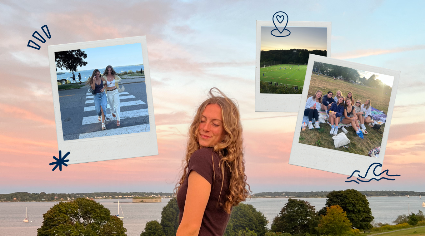 Bridgette smiling on the Eastern Promenade at sunset, overlaid with polaroid-style images: a lit-up Gorham campus soccer field, a picnic with friends, and her walking with a friend across a street. Dark blue doodles including a star, wave, location icon, and lines decorate the polaroids.