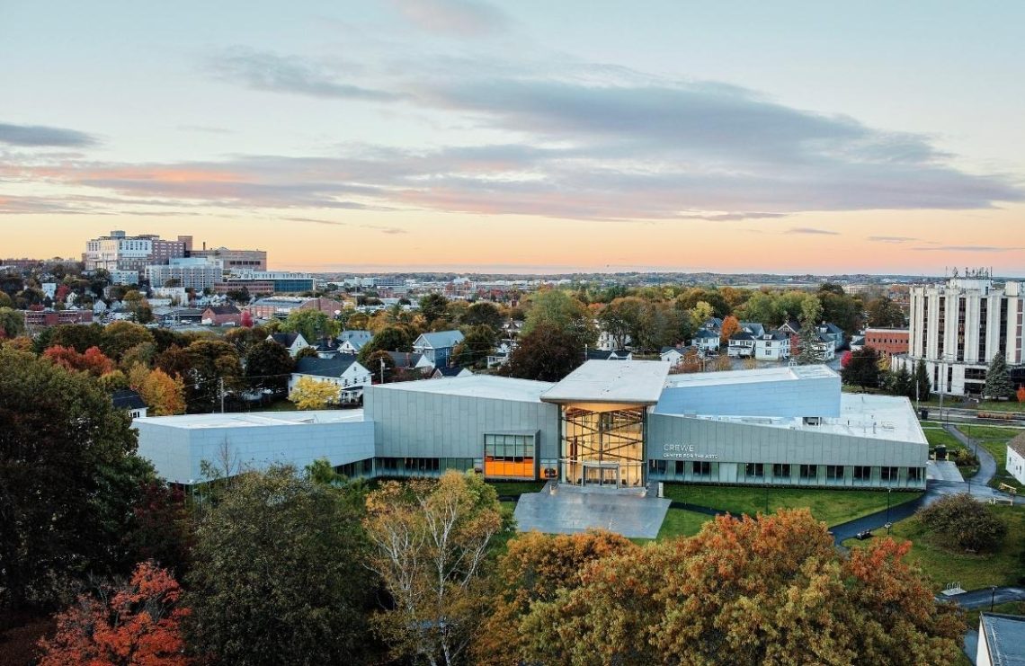 Aerial of the Crewe Center for the Performing Arts and Portland city skyline.