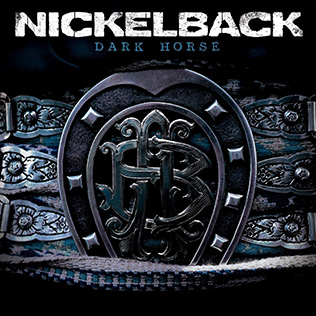 Album cover for "Dark Horse" by Nickelback — a close-up of a dark metallic belt buckle with an ornate monogram design against a black background.