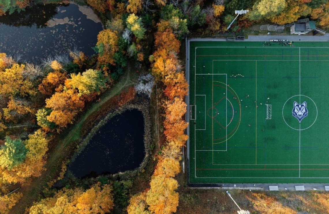 Aerial photo of Gorham Campus and the soccer field.
