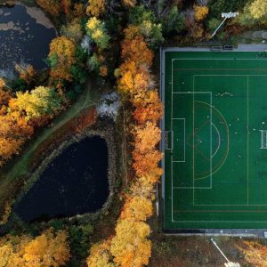 Aerial photo of Gorham Campus and the soccer field.