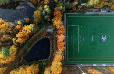 Aerial photo of Gorham Campus and the soccer field.