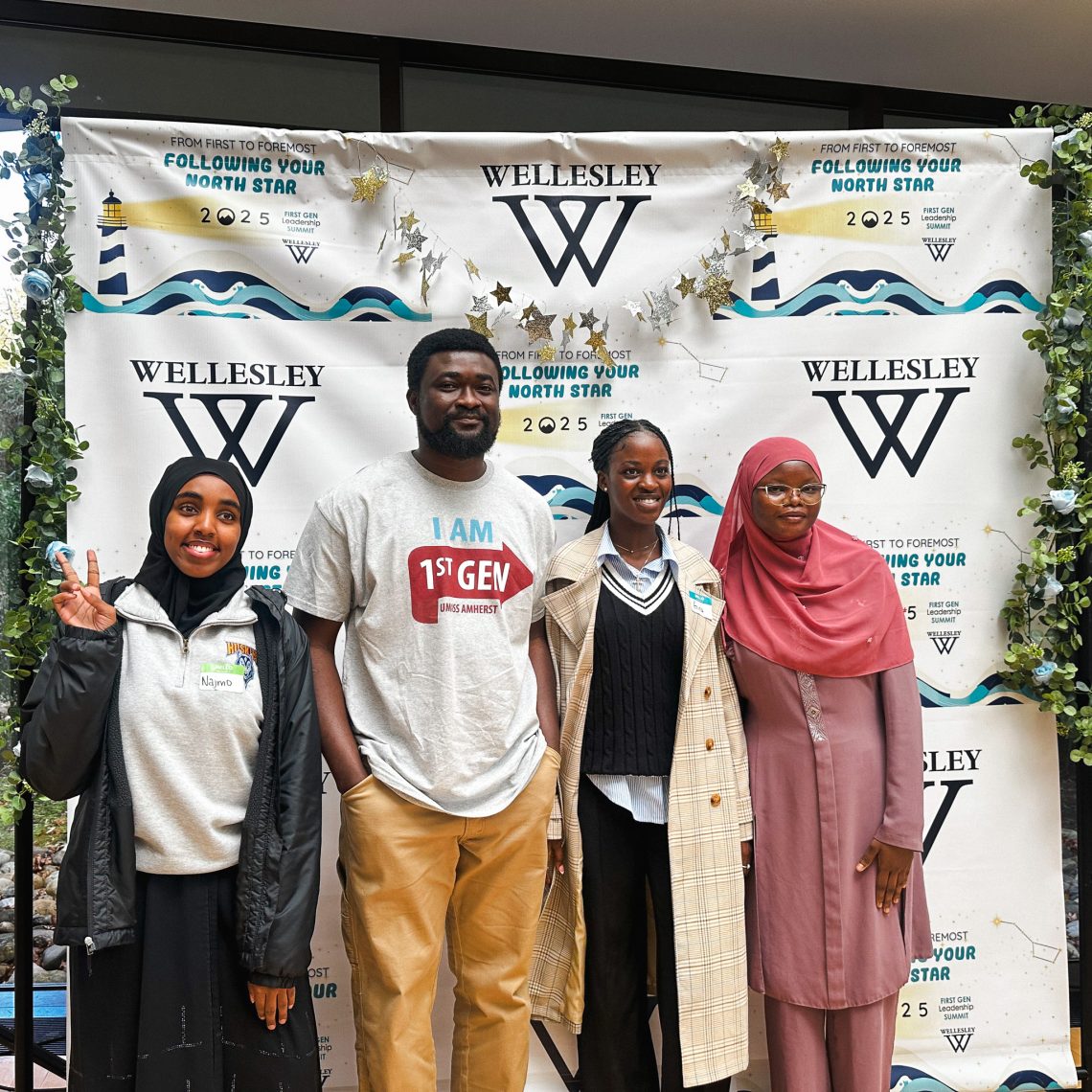 Najmo Ahmed poses with fellow students at the 2025 First Gen Leadership Summit at Wellesley College.