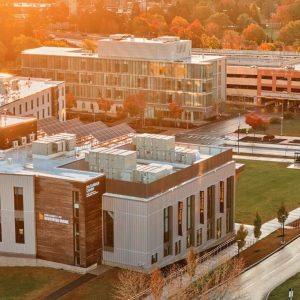 Sunrise over the McGoldrick Student Center and Portland Campus.
