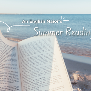 An open book rests on a sandy beach with calm blue water in the background. Text overlay reads "An English Major's Summer Reading List."