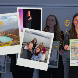 A collage graphic featuring Team Oceancycle members holding What About This? Innovation Challenge posters alongside polaroid-style photos from their Iceland trip, including the Kerid Crater and a team selfie
