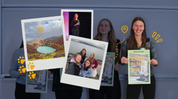 A collage graphic featuring Team Oceancycle members holding What About This? Innovation Challenge posters alongside polaroid-style photos from their Iceland trip, including the Kerid Crater and a team selfie
