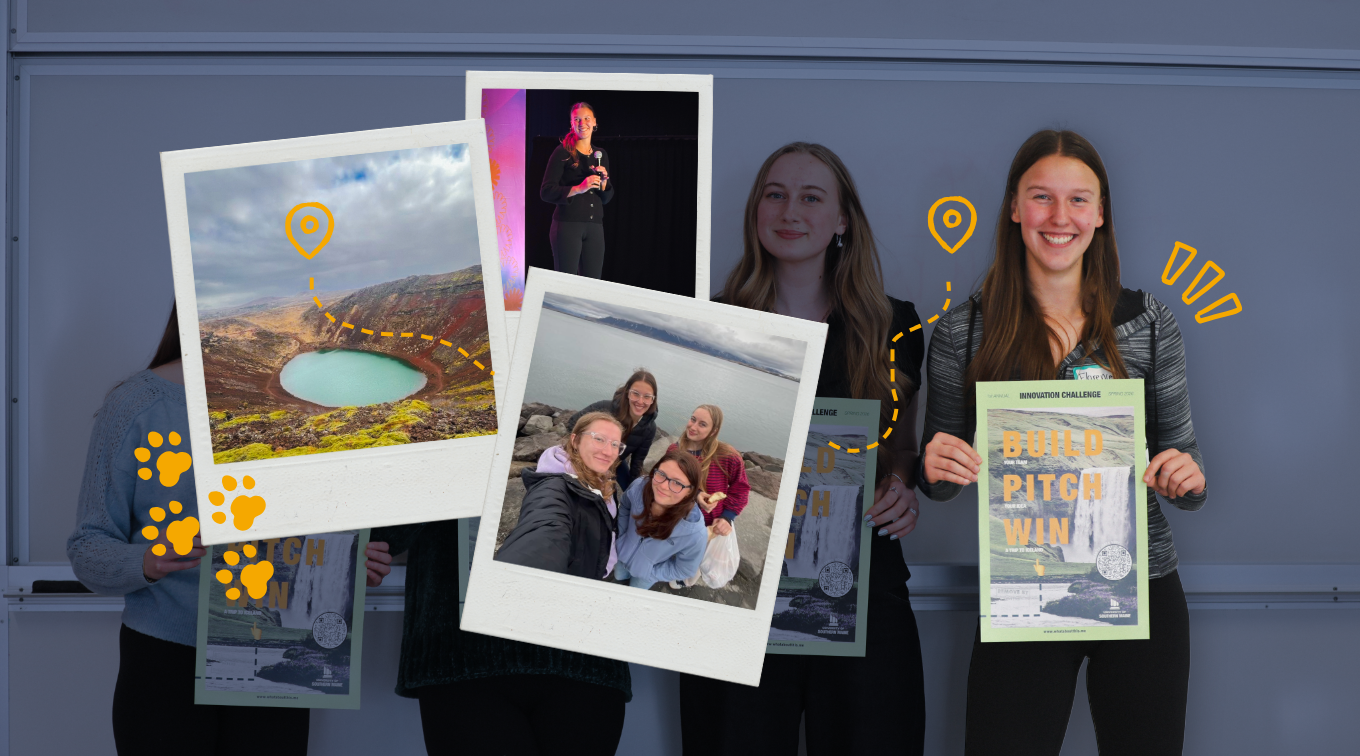 A collage graphic featuring Team Oceancycle members holding What About This? Innovation Challenge posters alongside polaroid-style photos from their Iceland trip, including the Kerid Crater and a team selfie