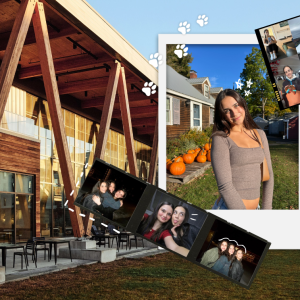 A collage of Emma's photo from the blog layered over a USM campus building, with a film strip of her and friends.