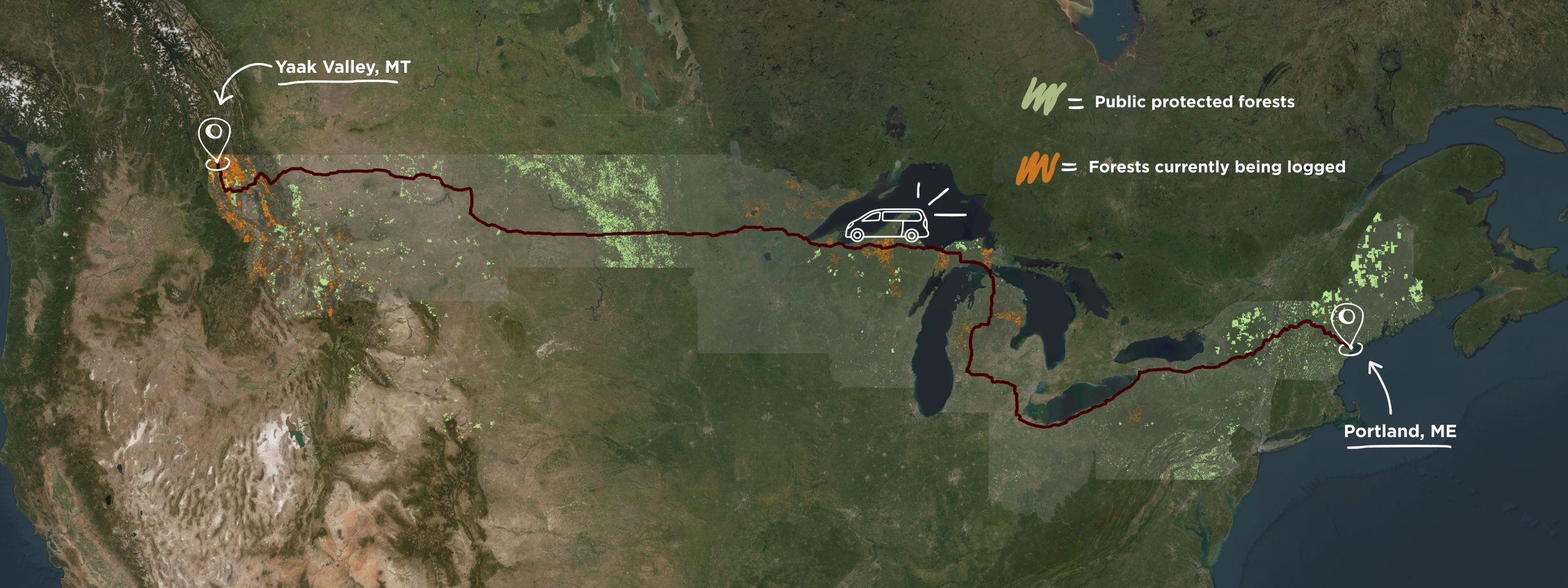 A satellite map of the northern United States showing the Green Curtain Roadshow route, marked by a dark red line traveling from Portland, ME to Yaak Valley, MT. Green markings indicate public protected forests; orange markings indicate forests currently being logged.